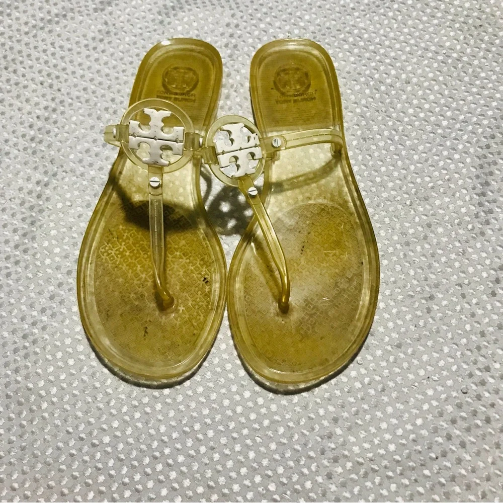 TORY BURCH clear jelly sandals white logo SIZE 9 womens